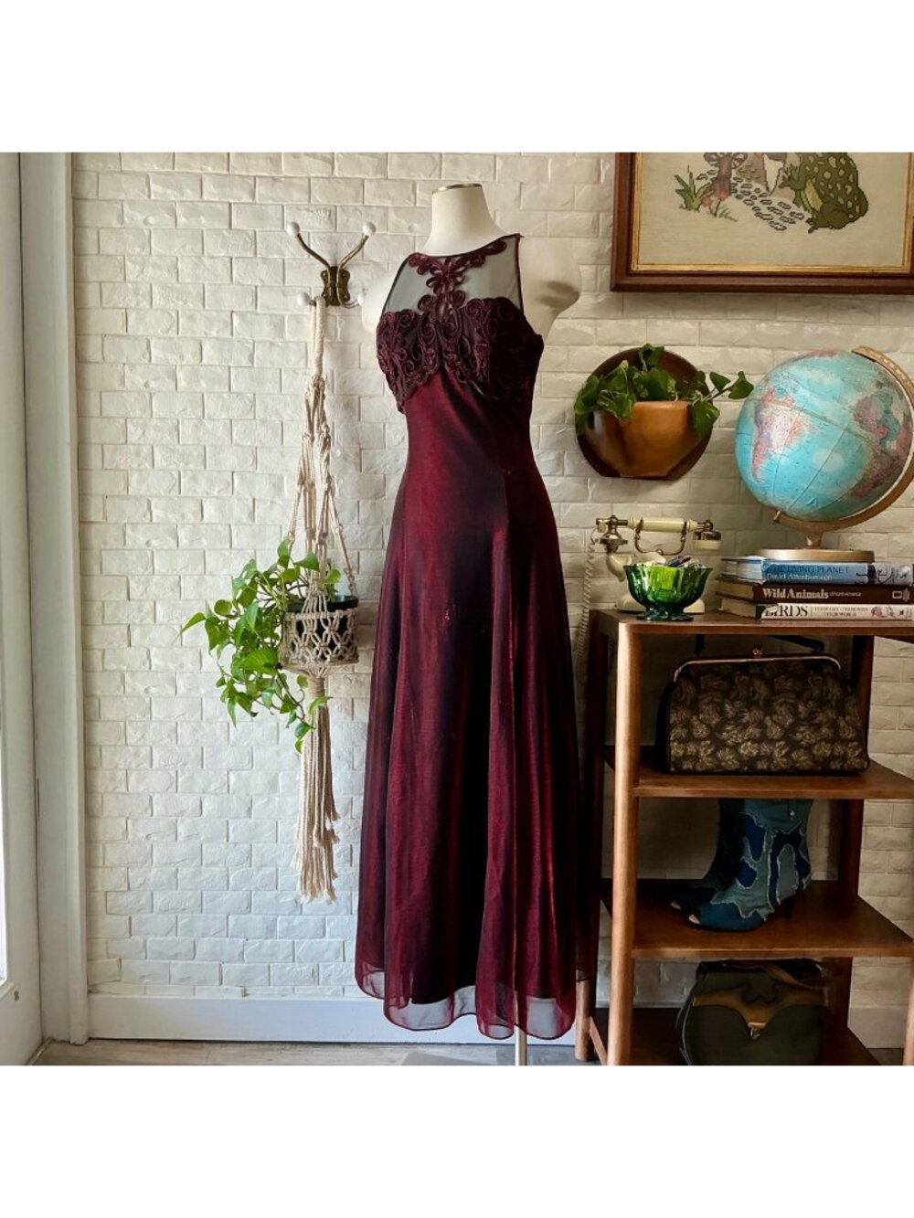 Vintage 1990s Y2K Lenovia Irridesent Red Metallic Mesh Floral Embroidery Dress S